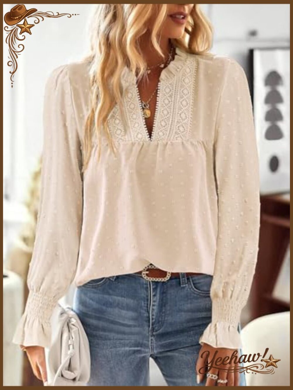 Women's V Neck Lace Boho Long Sleeve Swiss Dot Blouse Tunic Top - Picture 4 of 7